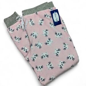 Pillow Talk Lounge Pants Fleece White Cat Faces Pink Background Grey Trim L NWT